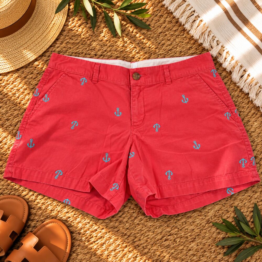 Old Navy Cotton Chino Shorts Embroidered Anchor Red Womens Size 6 Coastal Preppy